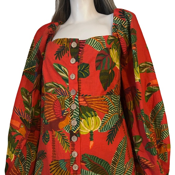 Anthropologie Farm Rio Red Forest Birds Romper Playsuit Linen Tiki Bold Print - Picture 2 of 16